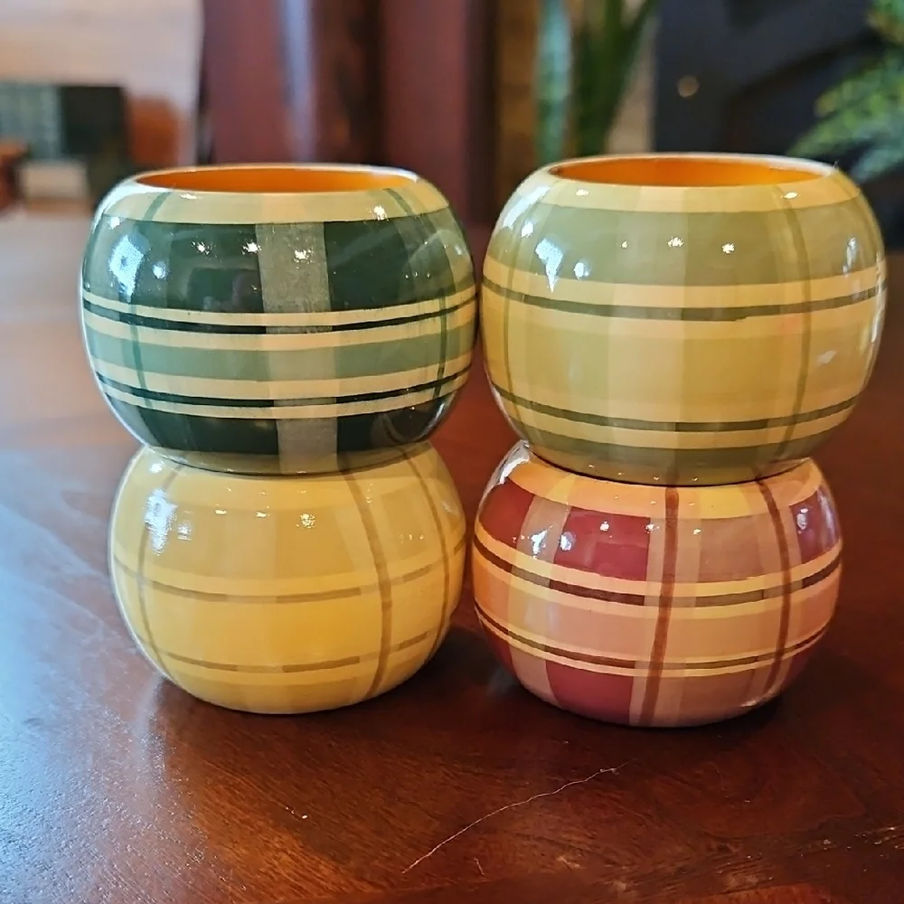 Vintage Plaid Wooden Napkin Rings - Set of 4, Made in India (Set #1)